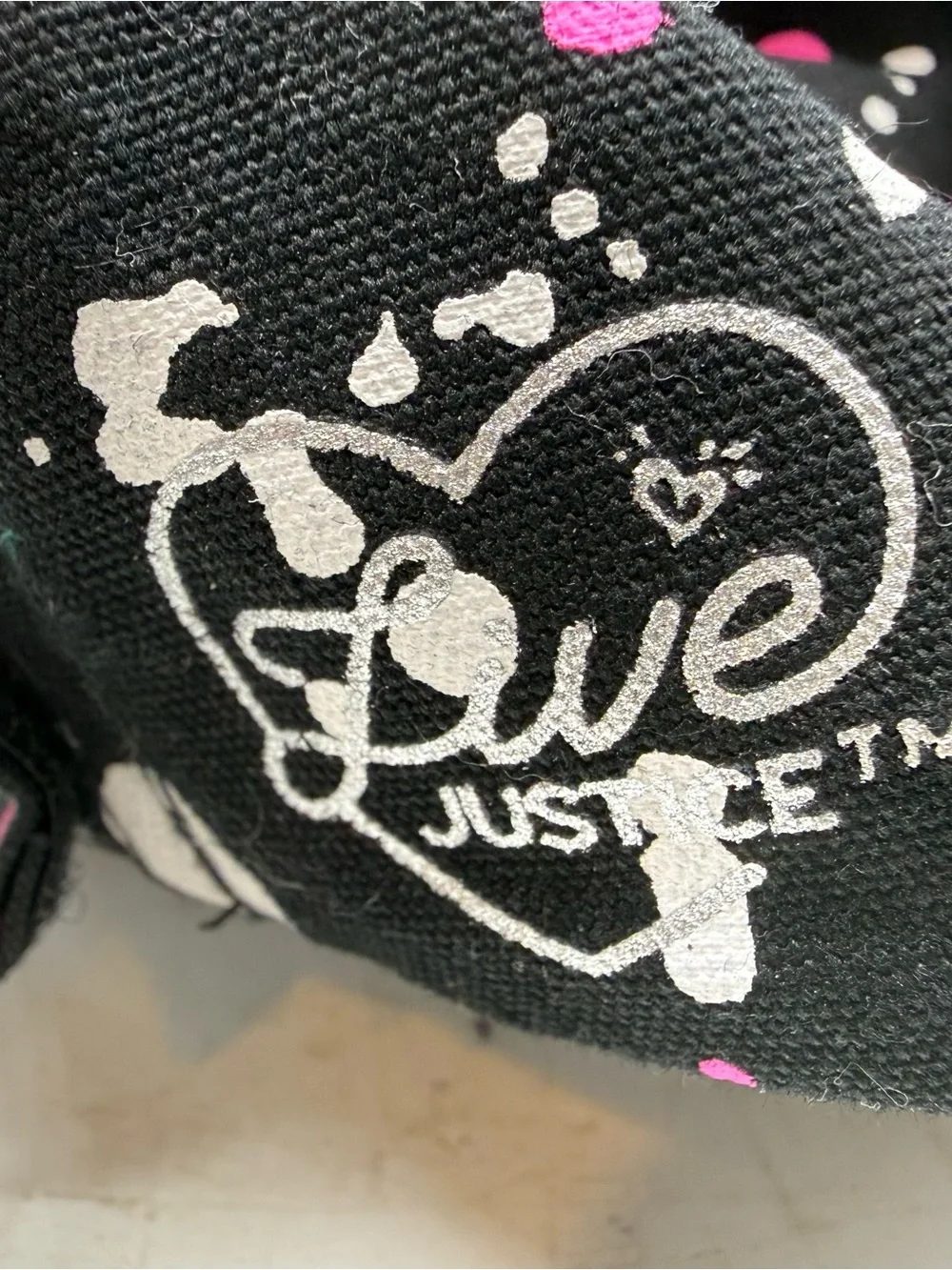 Justice Black Cap with Pink & White Splatter Heart Logo
